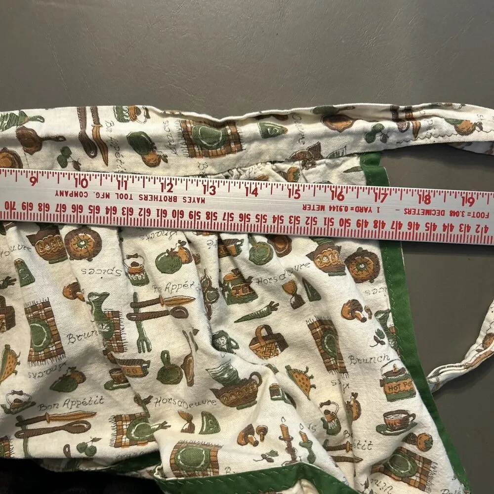 Vintage Retro Half Apron 1970's w/ Kitchen Theme Mushrooms Green Brown Handmade